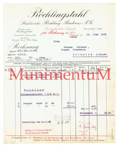 RÖCHLINGSTAHL Stahlwerke Röchling-Buderus A.G. LEIPZIG - Rechnung Briefkopf 1928
