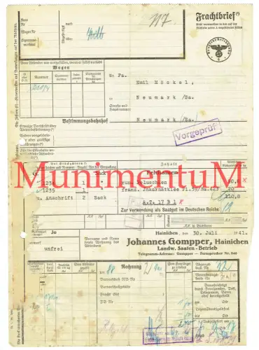 Frachtbrief 1941 Landw. Saaten-Betrieb Johannes Gompper HAINICHEN n. NEUMARK Sa.