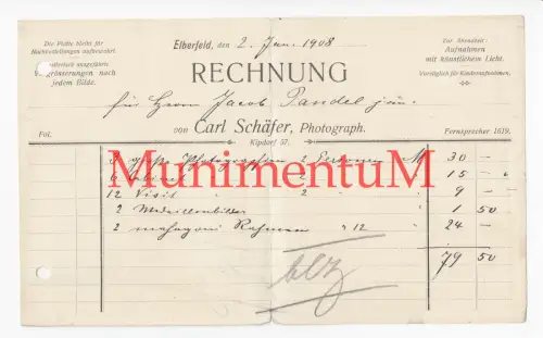 Photograph Fotograf Carl Schäfer ELBERFELD Kipdorfstr. 57 - Rechnung von 1908