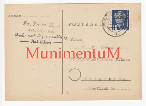 Buch- & Papierhandlung Hugo Rose HAINICHEN - Bestellung Goldranken SEBNITZ 1953