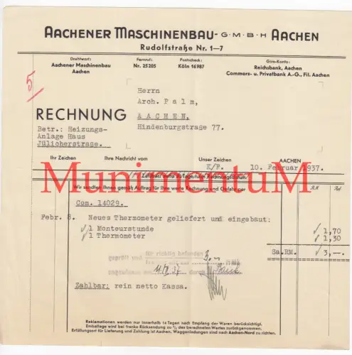 Aachener Maschinenbau AACHEN - Rechnung Reklame Werbung Briefbogen Offerte 1937