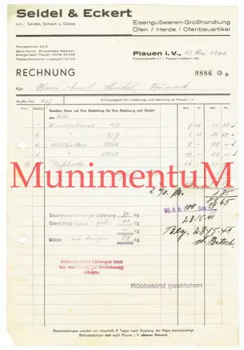 Eisengußwaren-Großhandlung Öfen Herde | Seidel & Eckert PLAUEN - Rechnung 1941