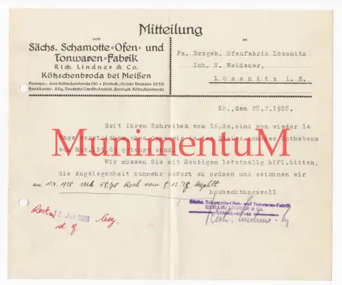 Schamotte- Ofen- & Tonwaren-Fabrik KÖTZSCHENBRODA bei MEIßEN - Mitteilung 1928