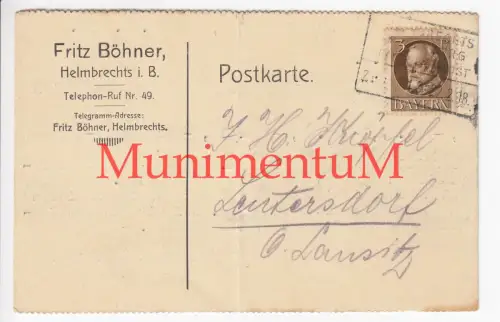 Papiergarn Fritz Böhner HELMBRECHTS i. Breisgau -Offerte 1918 nach LEUTERSDORF
