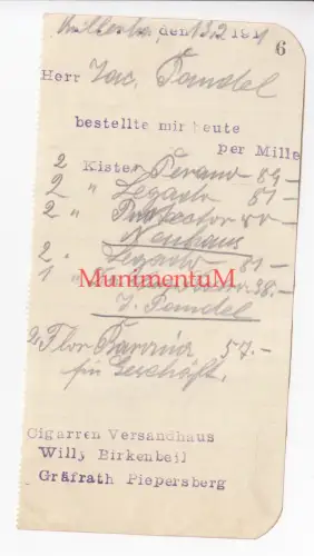 Cigarren-Versandhaus Willy Birkenbeil GRÄFRATH PIEPERSBERG - Rechnung 1911