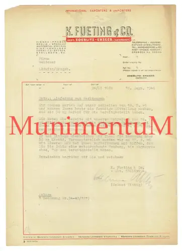 Spedition K. Fueting & Co. ZOEBLITZ i. Erzgebirge Schreiben 1946 Helmut Wittig