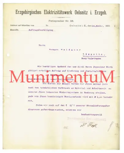 Erzgebirgisches Elektrizitätswerk OELSNITZ - Auftragsbestätigung 1908 LÖSSNITZ