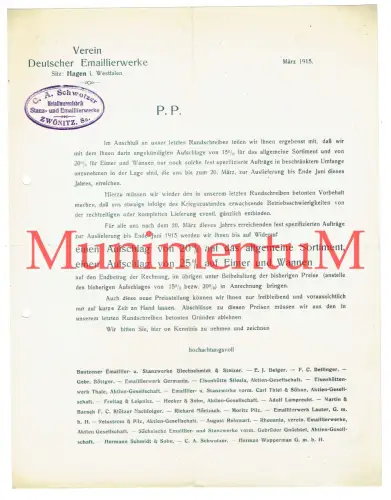 Verein Deutscher Emaillierwerke HAGEN Metallwarenfabrik Schwotzer ZWÖNITZ 1915