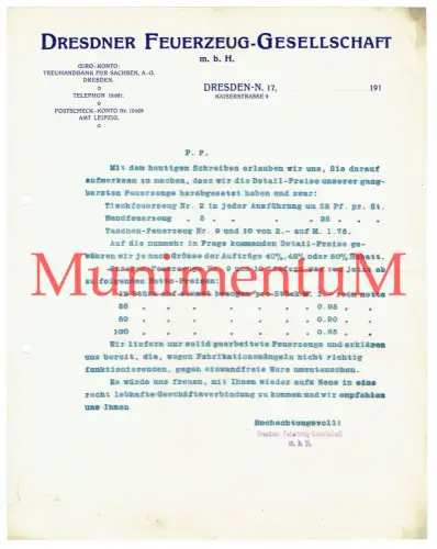 Dresdner Feuerzeug-Gesellschaft DRESDEN - Offerte Preisliste 1910er Jahre