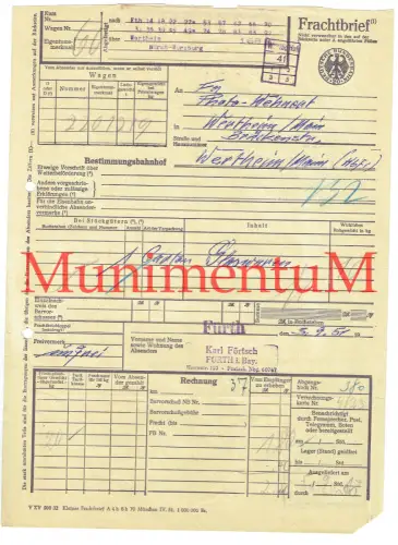 Frachtbrief 1951 Karl Förtsch FÜRTH i. Bayern Glaswaren n. WERTHEIM ü. WÜRZBURG