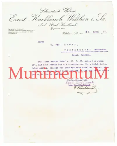 Scheuertuch-Weberei Ernst Knoblauch WILTHEN i. Sa. - Rechnung Autograph 1933