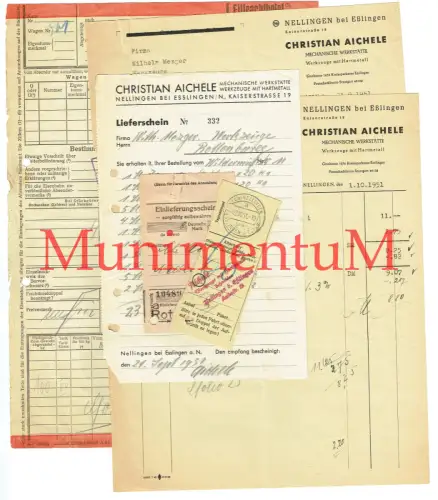 Eilfrachtbrief Rechnungen Einlieferungsschein 1951 Christian Aichele NELLINGEN