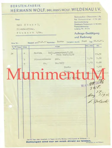 Bürsten-Fabrik Hermann Wolf Inh. Hans Wolf WILDENAU i. V. - Rechnung 1941