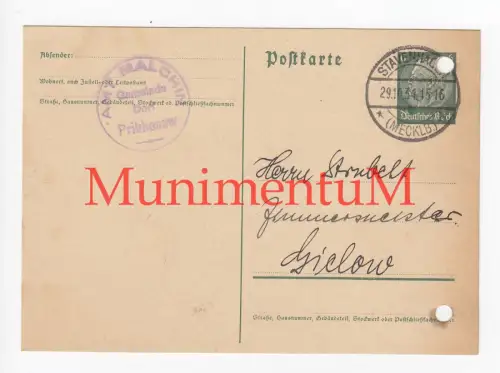 PRIBBENOW STAVENHAGEN MALCHIN Postkarte Brandkassenbeitrag Rechnung 1934 Stempel