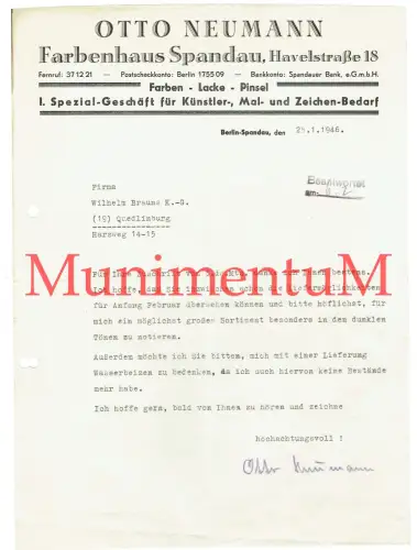 Farbenhaus SPANDAU BERLIN Otto Neumann - Schreiben & Autograph 1946