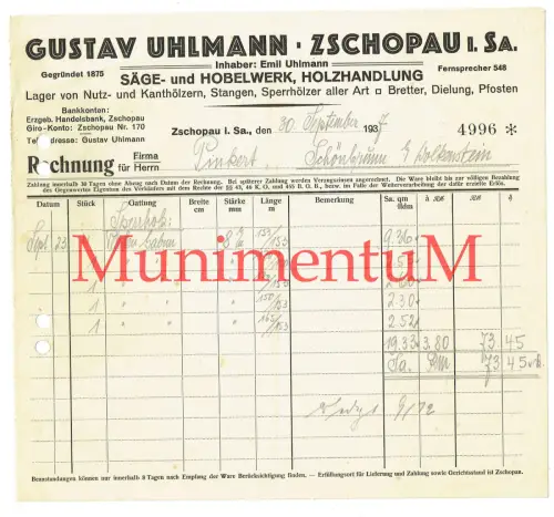 Säge- & Hobelwerk , Holzhandlung Gustav Uhlmann ZSCHOPAU - Rechnung 1937