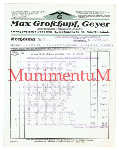 Metallwaren-Industrie Max Groschupf GEYER i. Sachsen DRESDEN - Rechnung 1928