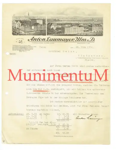 Fabrik Anton Laumayer ULM a.d. Donau - Rechnung 1934 n. KÖNIGSBERG / Franken