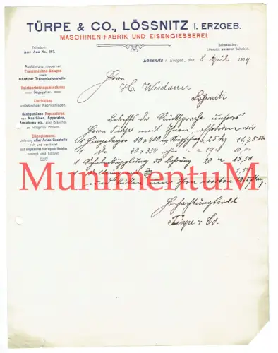 Maschinenfabrik & Eisengießerei Türpe & Co. LÖSSNITZ - Auftrag Rücksprache 1909