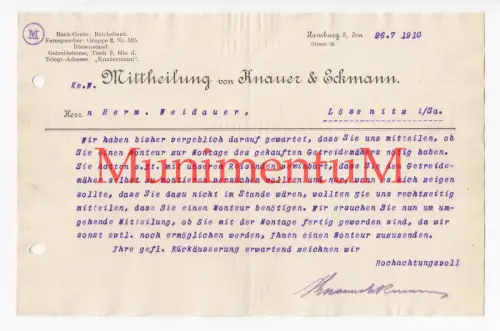 Knauer & Eckmann HAMBURG Getreidemäher Mähdrescher Traktor - Monteur 1910