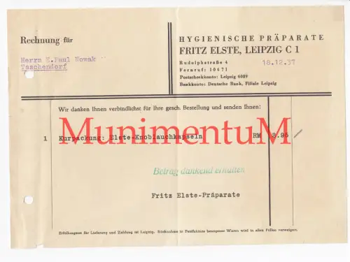 Hygienische Präparate Fritz Elste LEIPZIG - Rechung Briefkopf Reklame 1937