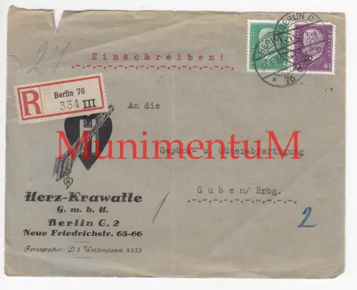 Herz-Krawatte GmbH BERLIN - Einschreiben nach GUBEN 1930 - Abschnitt ohne Inhalt