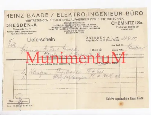 Elektro-Ingenieur-Büro Heinz Baade DRESDEN CHEMNITZ - Lieferschein 1925