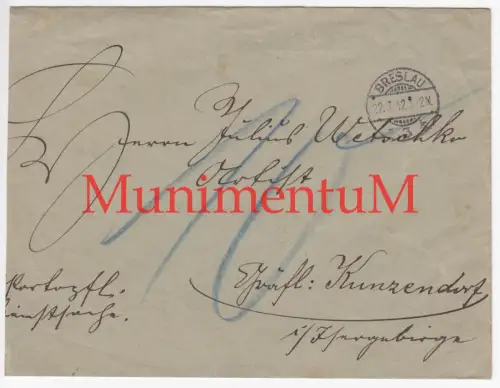 Königliches Polizeipräsidium BRESLAU leerer Kuvert 1912 KUNZENDORF i. Schlesien