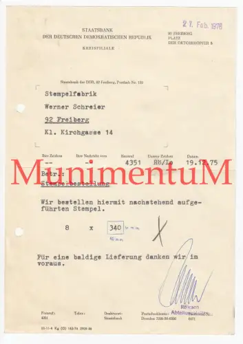 Staatsbank DDR - Bestellung bei Stempelfabrik Werner Schreier FREIBERG i Sa 1976