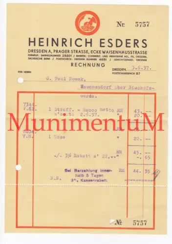 Bekleidungsgeschäft Heinrich Esders DRESDEN ALTSTADT - Rechnung Briefkopf 1937