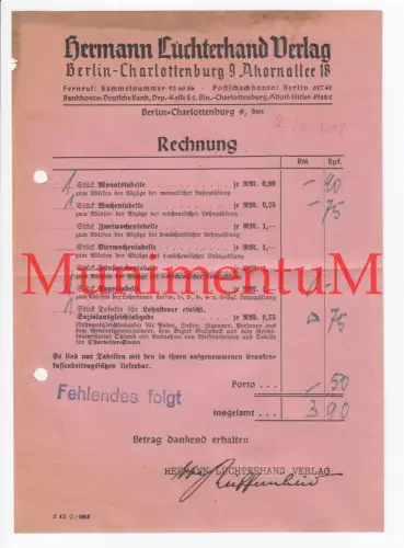 Hermann Luchterhand Verlag BERLIN CHARLOTTENBURG - Rechnung 1942