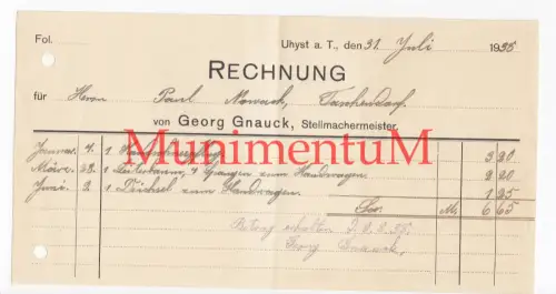 Stellmachermeister Georg Gnauck UHYST - Rechnung 1938 Leiterbaum Deichsel Pflug