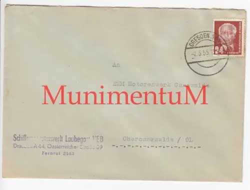 Schiffsmotorenwek LAUBEGAST VEB EKM Motorenwerk OBERCUNEWALDE leerer Kuvert 1953