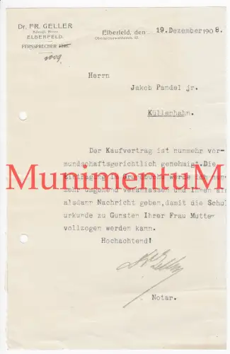 Königlicher Notar Dr. Geller ELBERFELD - Mitteilung 1908 Pandel KÜLLENHAHN