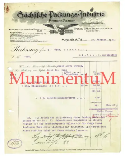 Fabrik chem. Produkte Sächsische Packungs-Industrie SCHMÖLLN - Rechnung 1922