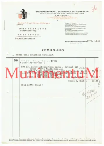 Haar- & Wollfilze Stephan Hufnagl SCHWABACH bei NÜRNBERG - Rechnung 1948