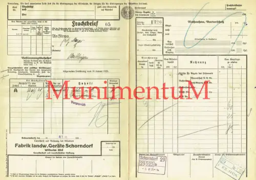 Frachtbrief 1935 Fabrik landwirtschaftlicher Geräte SCHORNDORF W. Abt WAIBLINGEN