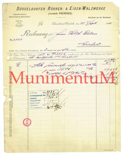 Rechnung 1909 DÜSSELDORFER Röhren- und Eisen-Walzwerke OBERBILK Crefeld R262