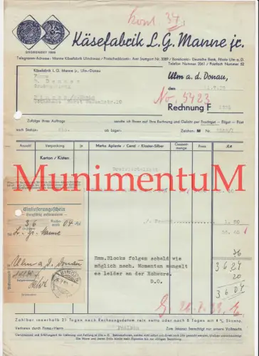 Käsefabrik Manne ULM a.d. Donau - Rechnung Einlieferungsschein Briefbogen 1939