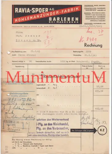 Ravia-Spoer Kohlenanzünder-Fabrik BARLEBEN bei MAGDEBURG - Rechnung Reklame 1943