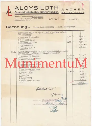 gesundheitstechn. Einrichtungen A. Lüth AACHEN - Rechnung 1941 für P. Böckling