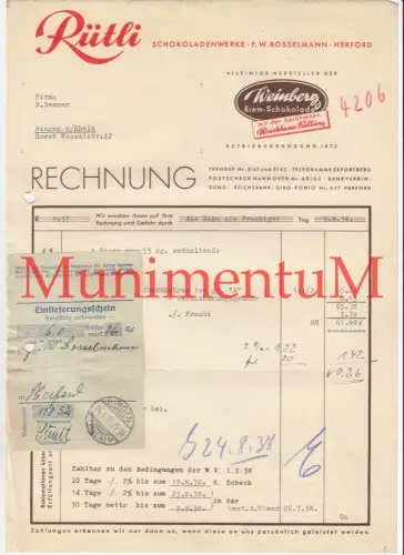 Rütli Schokoladenwerke Bosselmann HERFORD - Rechnung 1938 + Einlieferungsschein!