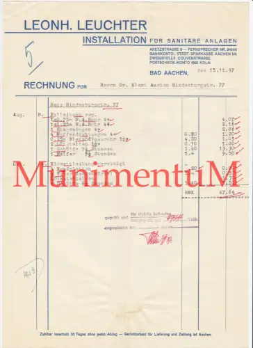 Sanitäre Anlagen L. Leuchter BAD AACHEN - Rechnung 1937 Dr. Klamt Hindenburgstr.