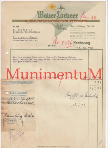 Thüringer Kräuter-Erzeugnisse W. Lorbeer NAUMUBRG / SAALE - Rechnung 1943