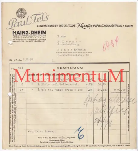 Generalvertrieb Schokoladenfabrik Köln Paul Fels MAINZ / Rhein - Rechnung 1938