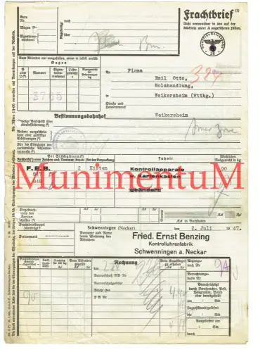 Frachtbrief Kontrolluhrenfabrik Benzing SCHWENNINGEN 1947 Stempel Staatsekretar.
