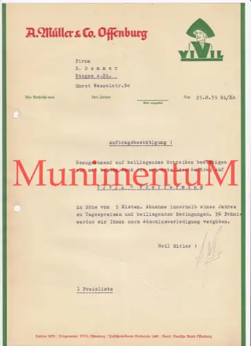 Müller & Co. OFFENBURG Vivil - Auftragsbestätigung 1939 Anschreiben Offerte