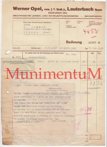 Mech. Leinen- & Scheuertuchweberei Säckefabrik W. Opel LAUTERBACH - Rechnung1938