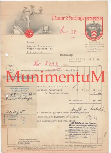 Fabrik chem.-pharm. Präparate Oscar Sarhage BIELEFELD - Rechnung Briefbogen 1943