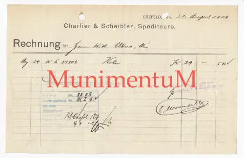 Spediteure Charlier & Scheibler CREFELD KREFELD - Rechnung 1909